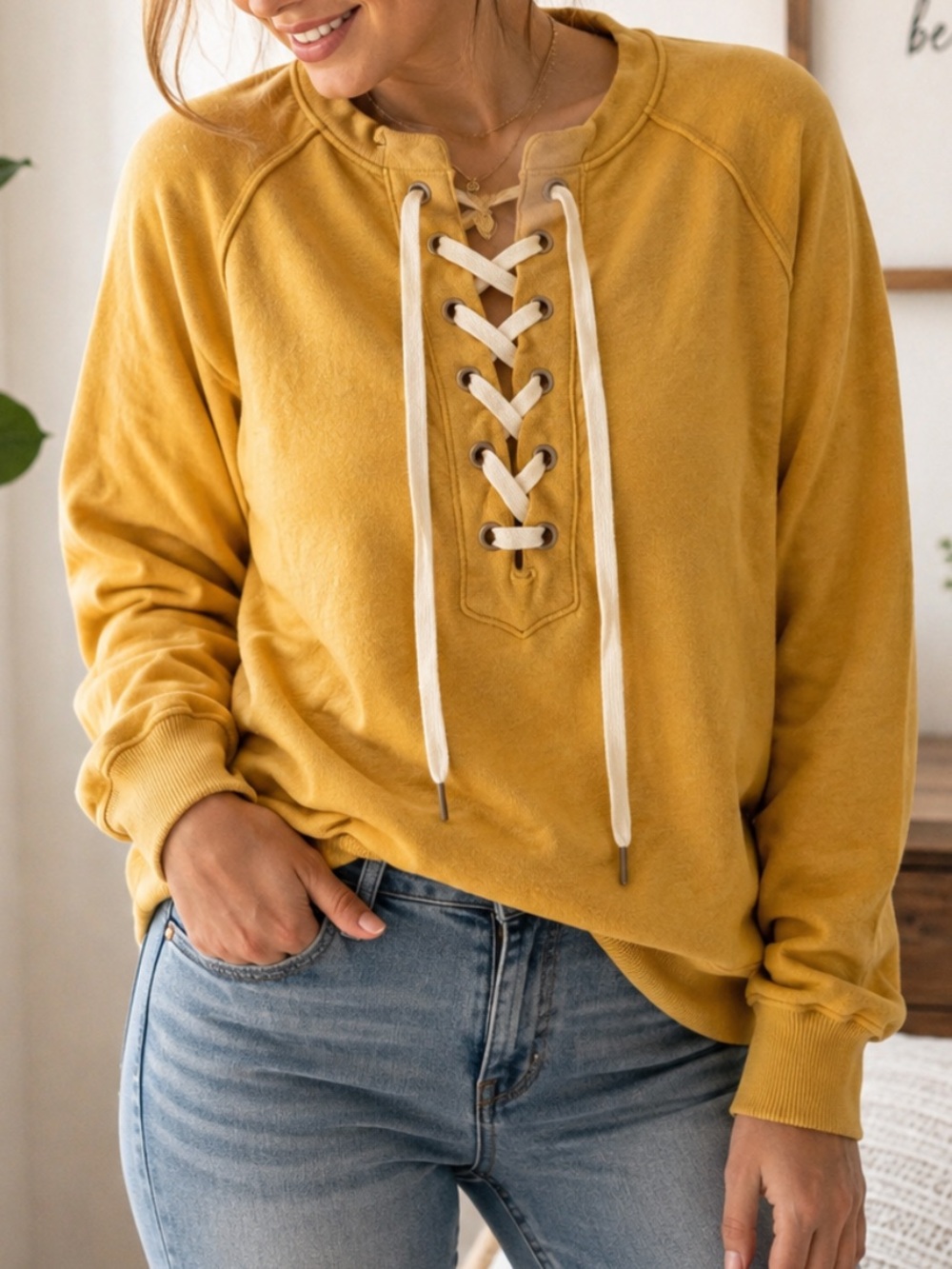 Aerie Lace Up Sweatshirt Women’s XS Mustard Yellow Boho Pullover